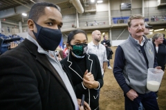 January 14, 2022: Senators Amanda Cappelletti and Sharif Street participate in the 2022 Celebrity Cow Milking Contest.